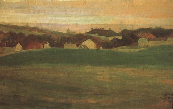 Egon Schiele Meadow with Village in Background II (mk12) Sweden oil painting art